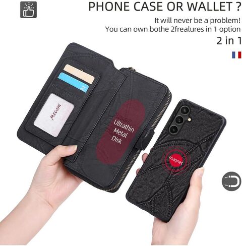 Asuwish Phone Case for Samsung Galaxy S24 Plus S24+ 5G Zipper Wallet Detachable Cover with Screen Protector and Flip Folio Mirror Card Holder Slot Protective S24plus 24S + S 24 24+ Women Men Black in Saudi Arabia