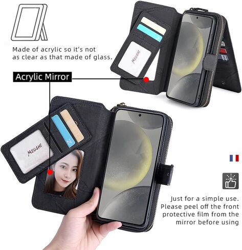 Asuwish Phone Case for Samsung Galaxy S24 Plus S24+ 5G Zipper Wallet Detachable Cover with Screen Protector and Flip Folio Mirror Card Holder Slot Protective S24plus 24S + S 24 24+ Women Men Black in Saudi Arabia
