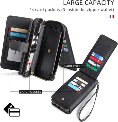 Asuwish Phone Case for Samsung Galaxy S24 Plus S24+ 5G Zipper Wallet Detachable Cover with Screen Protector and Flip Folio Mirror Card Holder Slot Protective S24plus 24S + S 24 24+ Women Men Black in Saudi Arabia