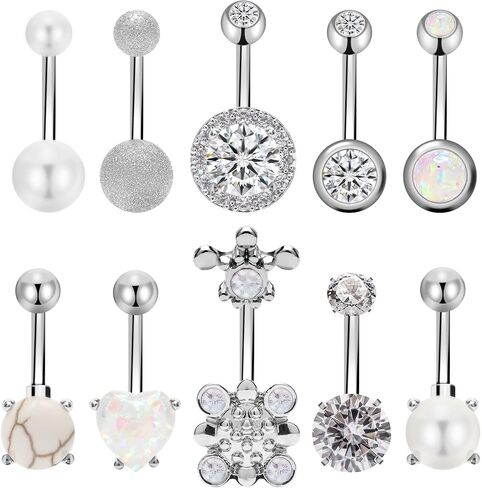 6 قطع من CrazyPiercing حلقات زر البطن مطلية بالفضة 14 جرام 10 ملم من الفولاذ الجراحي CZ Clicker زر البطن خاتم السرة للنساء... in Kuwait
