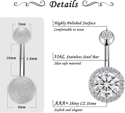 6 قطع من CrazyPiercing حلقات زر البطن مطلية بالفضة 14 جرام 10 ملم من الفولاذ الجراحي CZ Clicker زر البطن خاتم السرة للنساء... in Kuwait