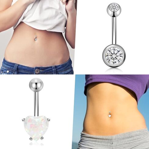 6 قطع من CrazyPiercing حلقات زر البطن مطلية بالفضة 14 جرام 10 ملم من الفولاذ الجراحي CZ Clicker زر البطن خاتم السرة للنساء... in Kuwait