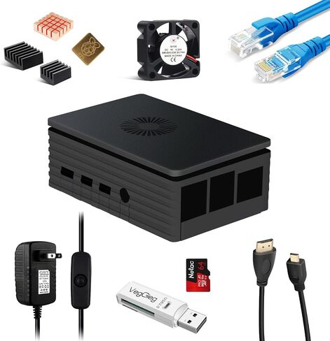 حافظة Raspberry Pi 4 مع مروحة، 4 قطع مبددات حرارة، مصدر طاقة USB-C، بطاقة 64 جيجابايت، حافظة Raspberry Pi 4B مع كابل HDMI، كابل Cat6 in Saudi Arabia