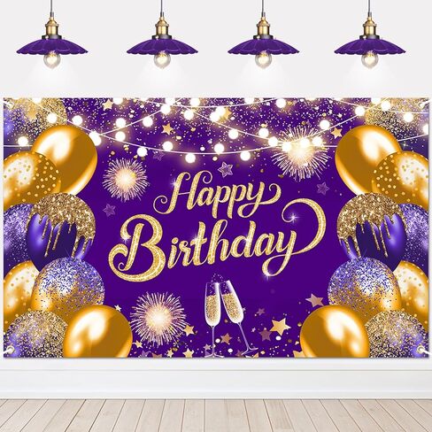 Purple Silver Happy Birthday Backdrop 6x4ft Purple Birthday Banner Silver Birthday Party Decorations Photo Booth Props in Kuwait
