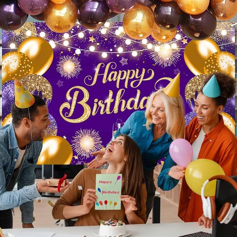 Purple Silver Happy Birthday Backdrop 6x4ft Purple Birthday Banner Silver Birthday Party Decorations Photo Booth Props in Kuwait