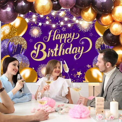 Purple Silver Happy Birthday Backdrop 6x4ft Purple Birthday Banner Silver Birthday Party Decorations Photo Booth Props in Kuwait