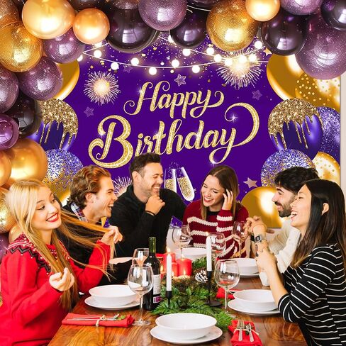 Purple Silver Happy Birthday Backdrop 6x4ft Purple Birthday Banner Silver Birthday Party Decorations Photo Booth Props in Kuwait