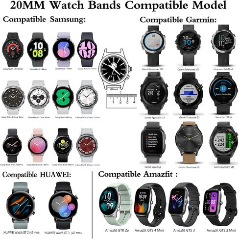 20mm Sport Bands Compatible with Samsung Galaxy Watch 4/Watch 5/Watch 6/Watch Active 2 40mm 44mm/Watch 5 Pro 45mm/Galaxy Watch 4 Classic 42mm 44mm/Watch 6 Classic 43mm 47mm, Soft Silicone Breathable Replacement Bands for Garmin Forerunner 55/158/245/645/A in Saudi Arabia