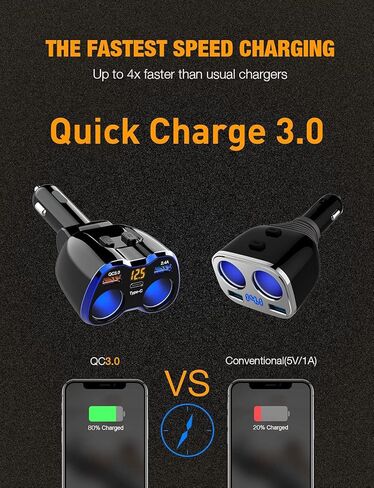 شاحن السيارة، Otium 150W 2-مقبس ولاعة سجائر QC 3.0 منافذ USB مزدوجة 1 USB C محول سيارة سريع مع مفتاح منفصل LED فولتميتر قابل للاستبدال 15A فيوز متوافق مع GPS/Dash Cam/هاتف/iPad in Saudi Arabia