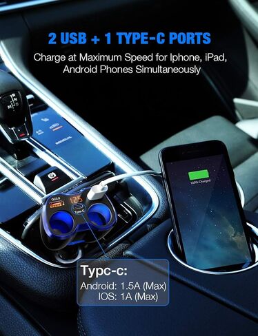 شاحن السيارة، Otium 150W 2-مقبس ولاعة سجائر QC 3.0 منافذ USB مزدوجة 1 USB C محول سيارة سريع مع مفتاح منفصل LED فولتميتر قابل للاستبدال 15A فيوز متوافق مع GPS/Dash Cam/هاتف/iPad in Saudi Arabia