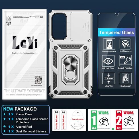 حافظة هاتف LeYi لهاتف Samsung Galaxy-A25-5G: مع واقي شاشة زجاجي وواقي عدسة الكاميرا، غطاء حماية خلوي Android بطبقة مزدوجة شديدة التحمل مع حامل حلقي مغناطيسي Samsung A25 5G، أسود in Saudi Arabia
