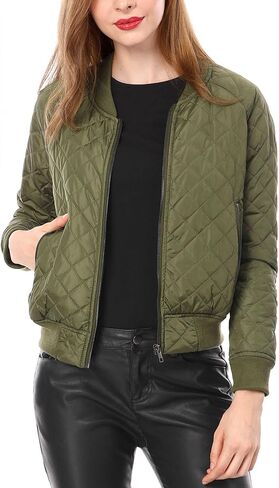 Allegra K Women's Raglan Long Sleeves Quilted Zip Up Bomber Jacket with Pockets in Kuwait