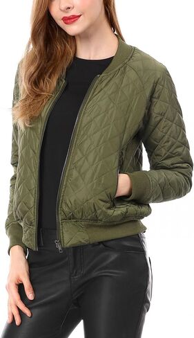 Allegra K Women's Raglan Long Sleeves Quilted Zip Up Bomber Jacket with Pockets in Kuwait