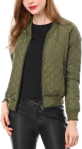 Allegra K Women's Raglan Long Sleeves Quilted Zip Up Bomber Jacket with Pockets in Kuwait