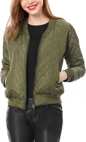 Allegra K Women's Raglan Long Sleeves Quilted Zip Up Bomber Jacket with Pockets in Kuwait