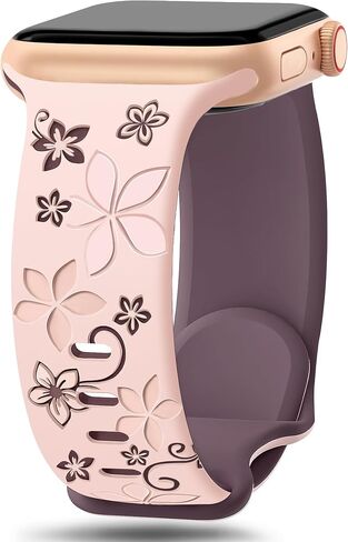 Floral Engraved Silicone Band for Women Compatible with Apple Watch 38mm 40mm 41mm 42mm(S10) Two-Tone Flower Soft Lightweight Sport Strap for iWatch Series 10/9/8/7/6/5/4/3/2/1/SE Black/Pink in Kuwait