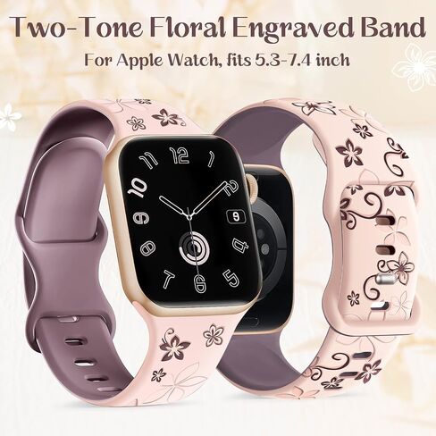 Floral Engraved Silicone Band for Women Compatible with Apple Watch 38mm 40mm 41mm 42mm(S10) Two-Tone Flower Soft Lightweight Sport Strap for iWatch Series 10/9/8/7/6/5/4/3/2/1/SE Black/Pink in Kuwait