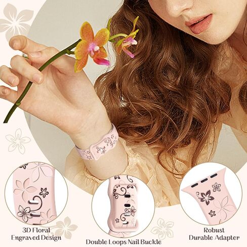 Floral Engraved Silicone Band for Women Compatible with Apple Watch 38mm 40mm 41mm 42mm(S10) Two-Tone Flower Soft Lightweight Sport Strap for iWatch Series 10/9/8/7/6/5/4/3/2/1/SE Black/Pink in Kuwait