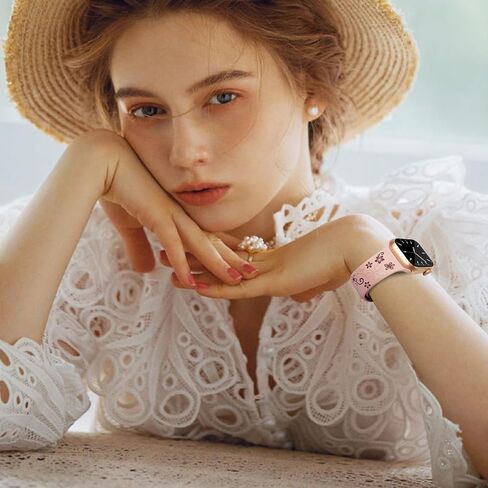 Floral Engraved Silicone Band for Women Compatible with Apple Watch 38mm 40mm 41mm 42mm(S10) Two-Tone Flower Soft Lightweight Sport Strap for iWatch Series 10/9/8/7/6/5/4/3/2/1/SE Black/Pink in Kuwait