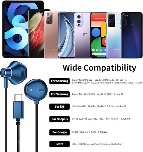 سماعات رأس USB C لأجهزة Samsung S20 FE S21 S22 S23 S24+ Ultra Note 20 Fold Flip A53، سماعات أذن سلكية من النوع C مع ميكروفون للتحكم في مستوى الصوت لجهاز iPad Air (M2)، iPhone 15 16 Pro Max، Pixel 5 6 6a 7 in Kuwait