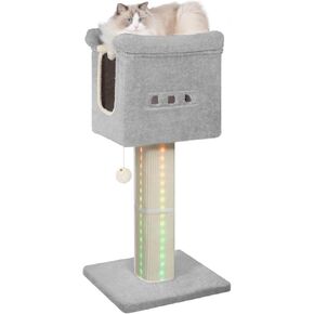 39-Inch Cat Tree with LED Light Strip, Cat Tree Tower for Indoor Cats, Small Cat Tree with Scratching Post, Condo, Pompom, Light Gray MS99018LG