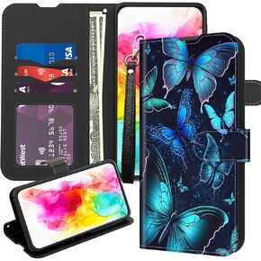 for Motorola Moto G Stylus 5G 2024 Phone Case Wallet with Card Holder Slot,PU Leather Kickstand Magnetic Snap Flip Cover Case with Wrist Strap-Blue Butterflies in Night Sky
