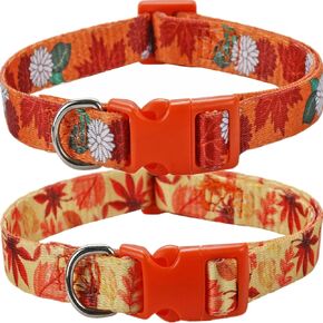 Fall Dog Collar for Small Dogs, 2 Pack Thanksgiving Dog Collars with Maplel and Flower Pattern, Adjustable & Soft for Wearing, Perfect for Puppy