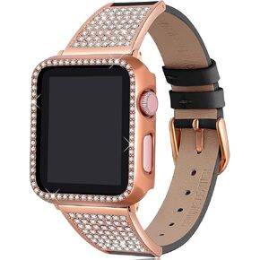 Luxury Bling Band with Case Compatible with Apple Watch Band 38mm 40mm 41mm 42mm 44mm 45mm iWatch Series 8 7 6 5 4 3 2 1 SE Women Comfortable Top Grain Leather Diamond Wristband Strap