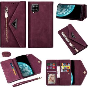 حافظة محفظة Binguowang Crossbody لهاتف Galaxy A12 بسحاب [جلد البولي يوريثان] [محلول 7 بطاقات] [حزام المعصم] مع حزام كتف لهاتف Samsung Galaxy A12 5G 6.5 بوصة. (الرياح الحمراء)