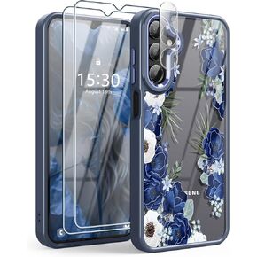 for Samsung Galaxy A15 5G Case with 2X Screen Protector and A Camera Lens Protector, Floral Pattern Shockproof Soft TPU & Hard PC Women Girls Cases for Samsung A15 - Blue