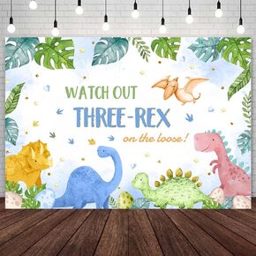 7x5ft Dinosaur 3rd Birthday Backdrop for Girls Three-Rex on The Loose Photography Background Watercolor Palm Leaves Pink Flower 3rd Birthday Party Decorations Banner Photo Props