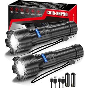 Rechargeable Flashlights High Lumens, Super Bright XHP50 LED Tactical Flashlight with 2200mah Battery, 5 Modes, IPX6 Waterproof Camping Flash Lights, Pack of 2, Black (c019-flashlight)