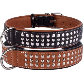 CollarDirect Studded Dog Collar Leather Pet Collars for Dogs Small Medium Large Puppy Soft Padded Brown Black (Black, Neck fit 20" - 22")