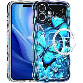 for iPhone 16 Pro Case, [Compatible with MagSafe] Oil Painting Printed Flower Laser Glossy Pattern Cute Curly Wave Edge Exquisite TPU Protective Case for Girls Women,Green
