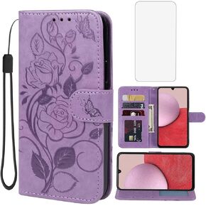 Case for Galaxy A14 Case, Samsung A14 5G SM-A146U Wallet Case with Tempered Glass Screen Protector, Flower Leather Flip Credit Card Holder Stand Phone Cover for Samsung Galaxy A14 Brown