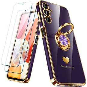 for Samsung Galaxy A14 5G Case with 2 Pack Screen Protector, 360° Rotatable Ring Holder [Luxury Hearts Pattern] Plating Gold Edge Slim Soft Phone Cover Case for Galaxy A14 - Black