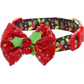 Blueberry Pet Christmas Holly Adjustable Dog Collar with Stunning Bowtie Décor, Large, Neck 18"-26"