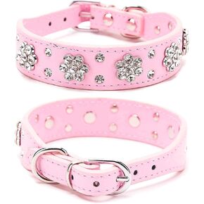 Rhinestone Dog Collar, Cute Flower Rhinestone Cat Dog Collar Bling Collar PU Leather Collar Adjustable Sizes Small Medium Large (S, Pink)