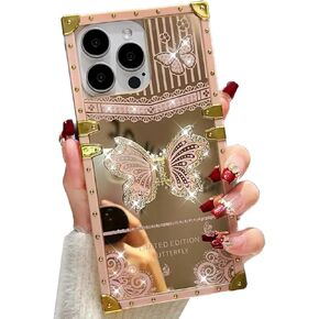 AuroiCYY for iPhone 15 Pro Max Butterfly Stand Case, Glitter Bling Foldable Kickstand Woman Girly Mirror Back Golden Plated Shockproof Protective Elegant Cute Soft Cover for iPhone 15 Pro Max (Pink)