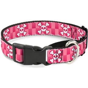 Buckle-Down Martingale Dog Collar - Cute Skulls w/Checkers Pinks/White - 1" Wide - Fits 11-17" Neck Size - Medium