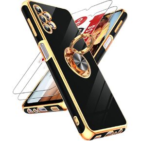 LeYi for Samsung Galaxy A32 5G Case with Tempered Glass Screen Protector [2 Pack] 360° Rotatable Ring Holder Magnetic Kickstand, Plating Rose Gold Edge Protective Case, Black