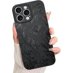 LSL Case for iPhone 16 [Compatible with Magsafe] Black Floral Flower Pattern Print Mganetic Case Soft Silicone Anti-Drop Anti-Scratch Shockproof Protective Slim Cover for Women Girls