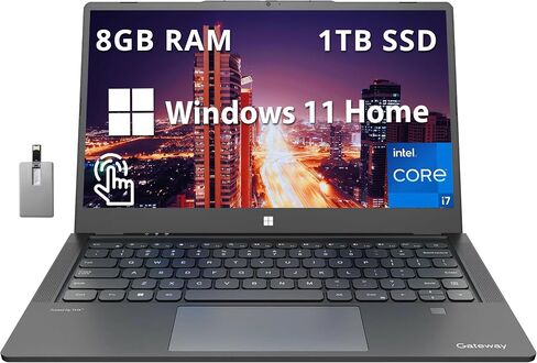 Gateway Ultra Slim Laptop, 14.1" IPS FHD Touchscreen Display, Intel i7-1255U, 8GB RAM, 1TB SSD, Intel Iris Xe Graphics, 2.0 MP Camera, Fingerprint Scanner, Black, Win 11, 32GB Hotface USB Card in Saudi Arabia
