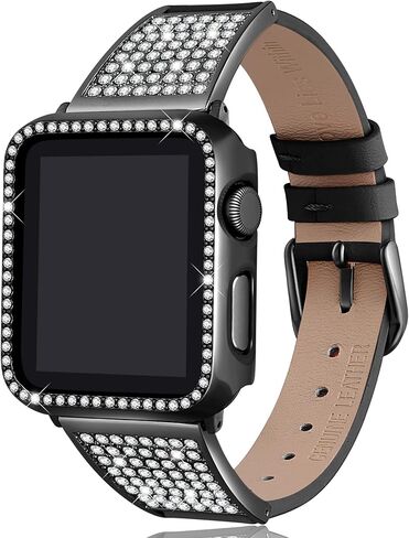 Luxury Bling Band with Case Compatible with Apple Watch Band 38mm 40mm 41mm 42mm 44mm 45mm iWatch Series 8 7 6 5 4 3 2 1 SE Women Comfortable Top Grain Leather Diamond Wristband Strap in Saudi Arabia