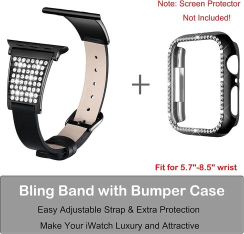 Luxury Bling Band with Case Compatible with Apple Watch Band 38mm 40mm 41mm 42mm 44mm 45mm iWatch Series 8 7 6 5 4 3 2 1 SE Women Comfortable Top Grain Leather Diamond Wristband Strap in Saudi Arabia