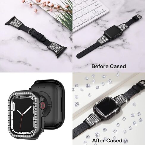 Luxury Bling Band with Case Compatible with Apple Watch Band 38mm 40mm 41mm 42mm 44mm 45mm iWatch Series 8 7 6 5 4 3 2 1 SE Women Comfortable Top Grain Leather Diamond Wristband Strap in Saudi Arabia