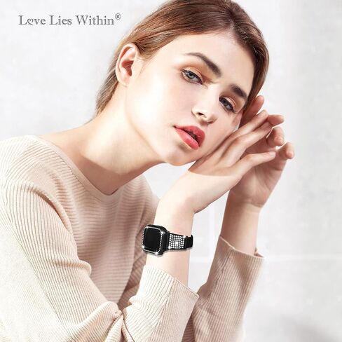 Luxury Bling Band with Case Compatible with Apple Watch Band 38mm 40mm 41mm 42mm 44mm 45mm iWatch Series 8 7 6 5 4 3 2 1 SE Women Comfortable Top Grain Leather Diamond Wristband Strap in Saudi Arabia