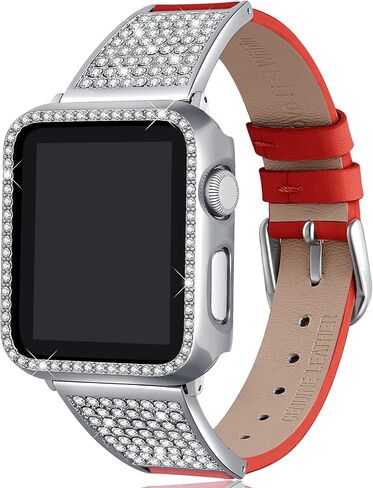 Luxury Bling Band with Case Compatible with Apple Watch Band 38mm 40mm 41mm 42mm 44mm 45mm iWatch Series 8 7 6 5 4 3 2 1 SE Women Comfortable Top Grain Leather Diamond Wristband Strap in Saudi Arabia