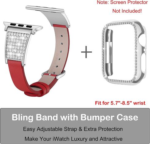Luxury Bling Band with Case Compatible with Apple Watch Band 38mm 40mm 41mm 42mm 44mm 45mm iWatch Series 8 7 6 5 4 3 2 1 SE Women Comfortable Top Grain Leather Diamond Wristband Strap in Saudi Arabia