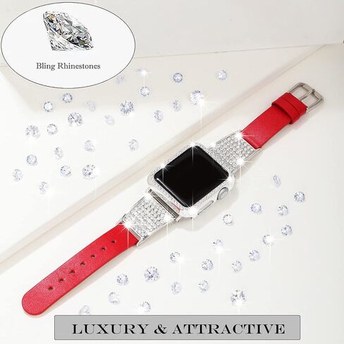 Luxury Bling Band with Case Compatible with Apple Watch Band 38mm 40mm 41mm 42mm 44mm 45mm iWatch Series 8 7 6 5 4 3 2 1 SE Women Comfortable Top Grain Leather Diamond Wristband Strap in Saudi Arabia